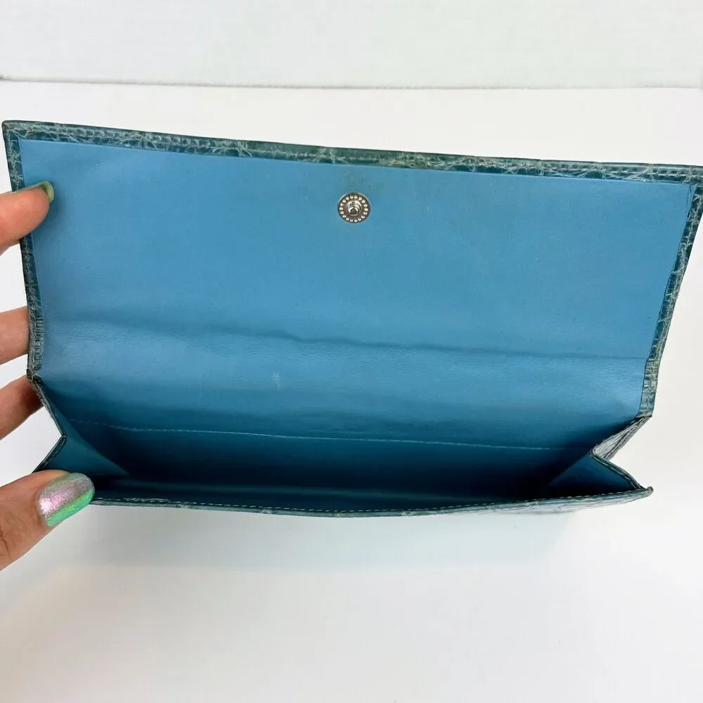 Lambertson Truex Crocodile Leather Exotic Turquoise Blue Foldover Wallet Design